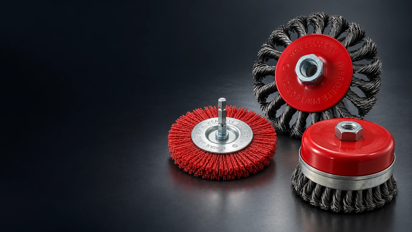 YeKai twisted wire wheel, abrasive filament wheel and banded cup brush in a studio setting